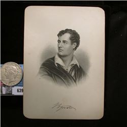 Steel engraving of famous poet Lord Byron, 1788-1824, 5" x 7"; & 1922 S U.S. Peace Silver Dollar, VF