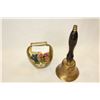 Image 1 : HAND-PAINTED BRASS COW BELL AND SCHOOL HOUSE BELL