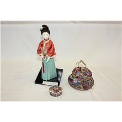 VINTAGE GEISHA DOLL, IMARI WARE TIERED TRAY AND TRINKET BOX