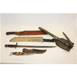 US SWORD BAYONET CARVED HANDLED KNIFE TWO MACHETES AND FOLDING SHOVEL