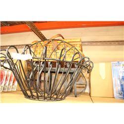 TWO METAL WALL PLANTERS AND WICKER PICNIC BASKET