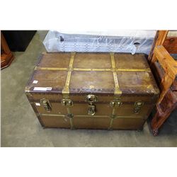EVELEIGH LEATHER BRASS AND METAL BOUND TRUNK W/INSERT, SERIAL # ON HANDLE
