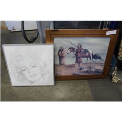 PINE FRAMED NATIVE PICTURE AND DRAWING OF MARILYN MONROE