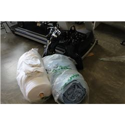 TWO LARGE ROLLS OF FABRIC AND CLOTHING DISLAY MANNEQUIN