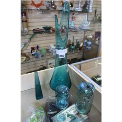 TWO BLUE GLASS CANNING JARS PAPER WEIGHT AND LARGE VASE