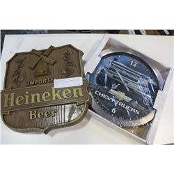 HEINEKEN BEER WALL HANGING AND CHEVY CLOCK