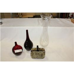 TWO RED GLASS VASES, ART GLASS PURSE AND GLASSE VASE