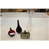Image 1 : TWO RED GLASS VASES, ART GLASS PURSE AND GLASSE VASE