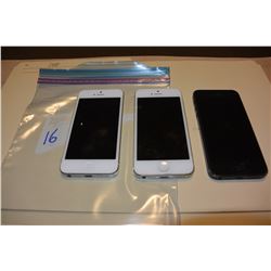 3 APPLE IPHONE 5, 2 WHITE, 1 GREY, TELUS + UNKNOWN SIMS