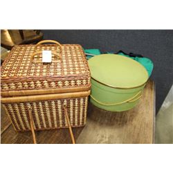 PICNIC BASKET W/ PLATES AND CUPS, HAT BOX AND KID CAMP CHAIRS
