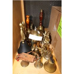 SHELF LOT OF BRASS BELLS