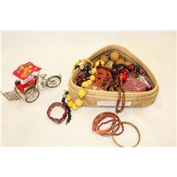 WICKER BASKET OF JEWELLRY AND HOME MADE RICK SHAW