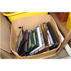 TOTE OF NEW WOOD COASTERS IN DECORATIVE BOXES AND PICTURE FRAMES