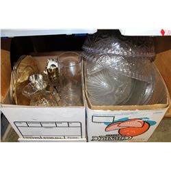 TWO BOXES OF GLASS AND CRYSTAL PLATTERS PLASTIC BOWLS AND VASES