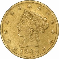 1849 Moffat & Co. $10 Gold. Kagin-5. Rarity-6+. Reeded Edge. AU-55 NGC.