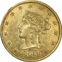 1849 Moffat & Co. $10 Gold. Kagin-6a. Rarity-5+. Reeded Edge. AU-58* NGC.