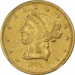 1852 Moffat & Co. $10 Gold. Kagin-8. Rarity-6. Reeded Edge. AU-55 NGC.