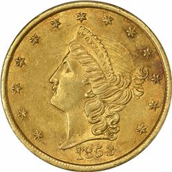 1853 Moffat & Co. $20 Gold. Kagin-19. Rarity-5+. Reeded Edge. AU-58 PCGS.