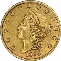 1854 Kellogg & Co. Gold $20. Kagin-2. Rarity-4. Reeded Edge. AU-55 PCGS. OGH.