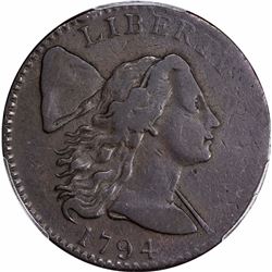1794 1C. Sheldon-32. Upturned Locks. Head of 1794. Rarity-2. VF-30 PCGS.