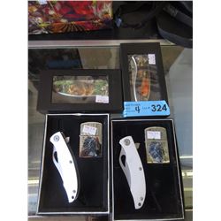 4 New Folding Knives - 2 With Lighters