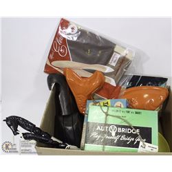 BOX WITH VINTAGE ITEMS INCL SHOE STRETCHERS , 2001