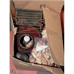 BOX W/ VASES, WINE HOLDER, BIG BAG OF CORKS, OWL &