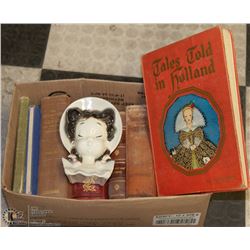 BOX W/ VINTAGE RELIGIOUS BOOKS & GIRL WALL