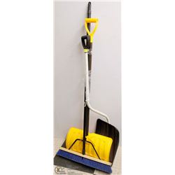 LOT OF FURGAL PUSHBROOM, LEVER  AND 2 SHOVELS