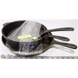 SET OF 3 CAST IRON PANS - SMALL, MED. &