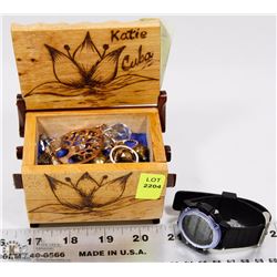 SMALL CHEST OF WATCHES, JEWELRY AND MORE