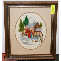 KNITTED POINT FRAMED PICTURE OF A COTTAGE