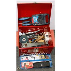 RED TOOL BOX W/ ASSORTED CARPENTRY TOOLS