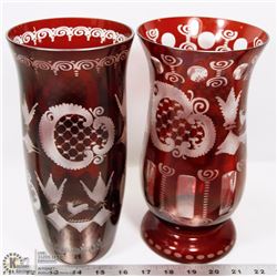 2 RED GLASS EGERMANN CZECH REPUBLIC VASES