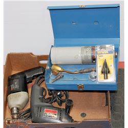 2 DRILLS, IRWIN UNIBIT #5, PROPANE WELDING KIT