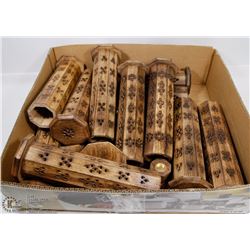 LARGE FLAT OF 11 TEAK WOOD CANDLE HOLDERS