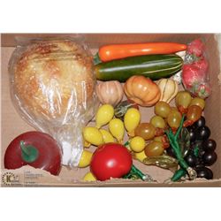 BOX OF GLASS AND PLASTIC FRUIT AND VEGGIES