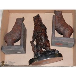 BOX WITH BEAR BOOKENDS AND A STATUE