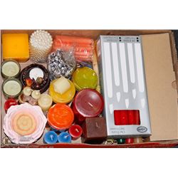 FLAT OF CANDLES AND CANDLE HOLDERS