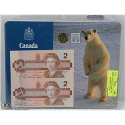 2 CENT CANADIAN STAMP, TWO UNCUT 1986 BANK NOTES &