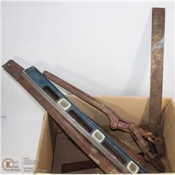 BOX OF TOOLS INCL CHAIN BOOM, LEVEL, SAW ETC