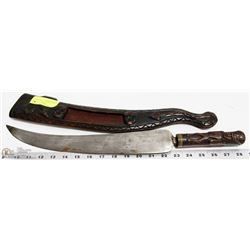 LARGE CURVED KNIFE W/ CARVED WOODEN SHEATH