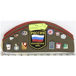 RUSSIAN MILITARY HAT WITH 22 PINS AND 2 BADGES