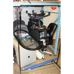 STACK OF OFFICE CHAIRS, NETWORK CORDS, POWER BARS