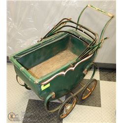 ANTIQUE METAL BABY CARRIAGE WITH LEATHER STRAPS &