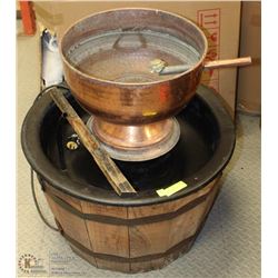 WOODEN BARRELL FOUNTAIN WITH PUMP & COPPER BOWL