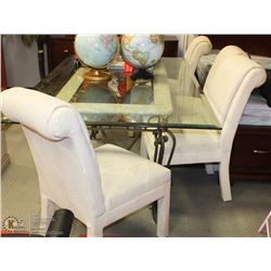 14) GLASS AND MARBLE TABLE AND CHAIRS