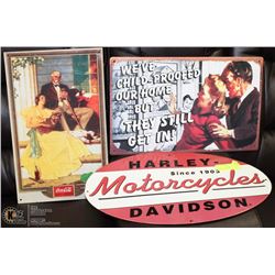LOT OF 3 VINTAGE TIN SIGNS INCL HARLEY DAVIDSON,