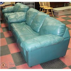 3)GREEN LEATHER COUCH AND LOVESEAT