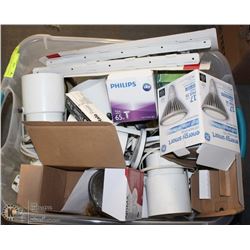BIN OF HALOGEN TRACK LIGHTING & EXTRA BULBS